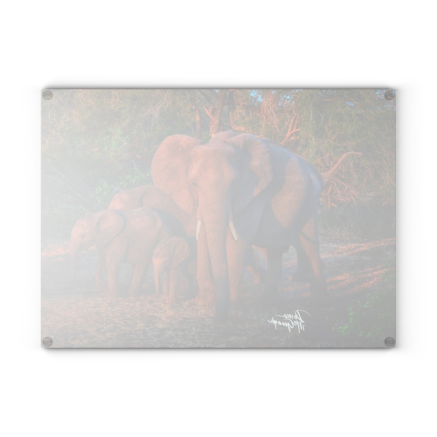 Enjoy Nature Glass Charcuterie Cutting Board with Elephant Family Design