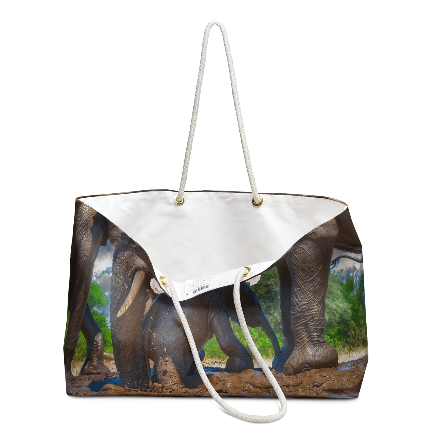 Weekender Tote Bag: Elephant Baby with Mom's Guidance by Enjoy Nature