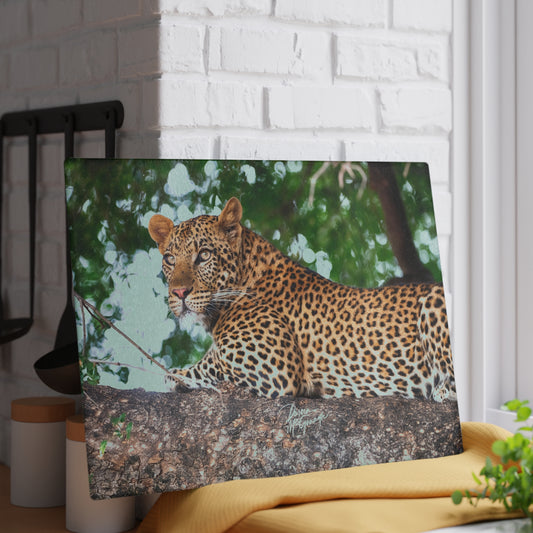 Enjoy Nature Glass Charcuterie Cutting Board with Leopard in Tree Design