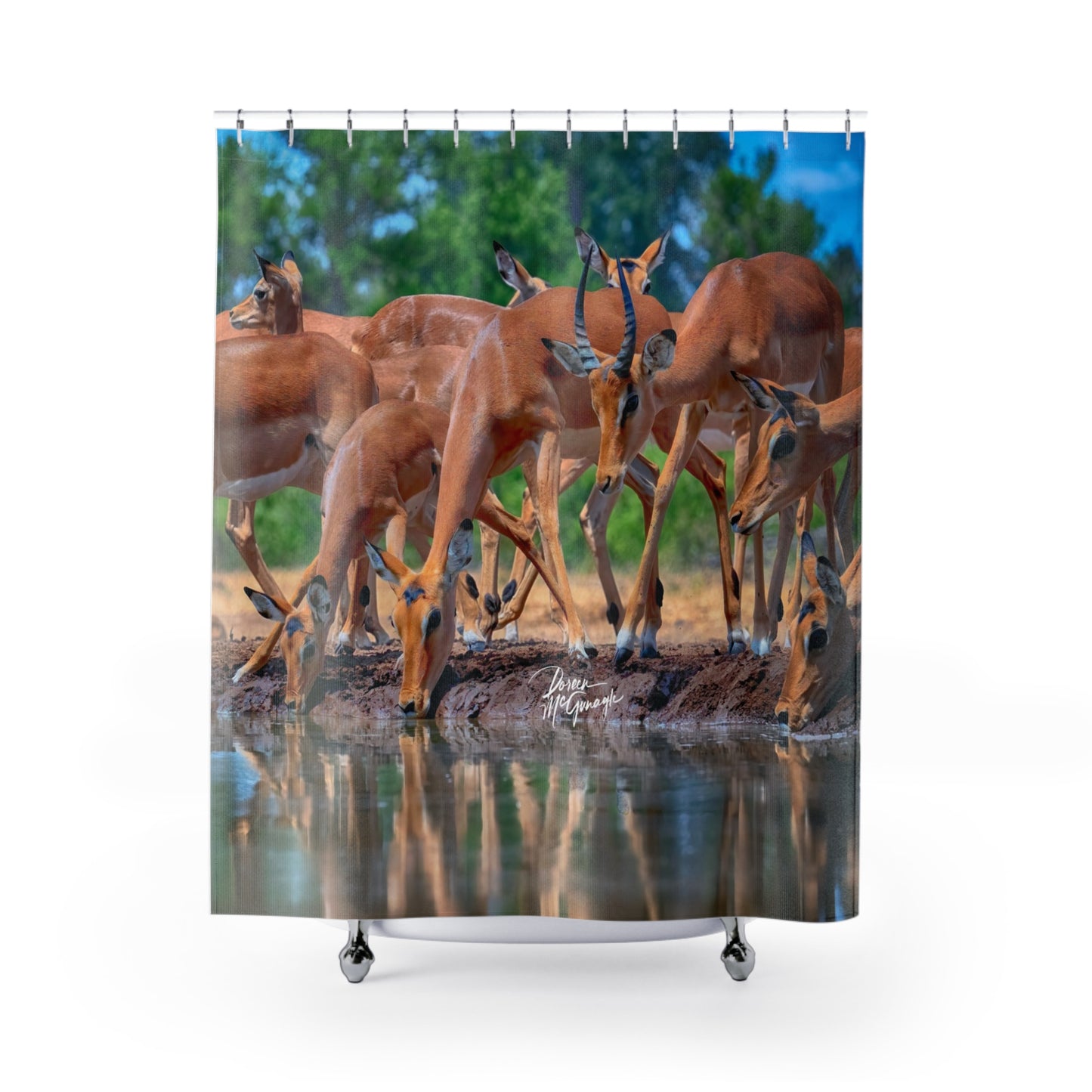 African Antelope at Watering Hole Shower Curtain | Tranquil & Earthy Wildlife Decor by Enjoy Nature