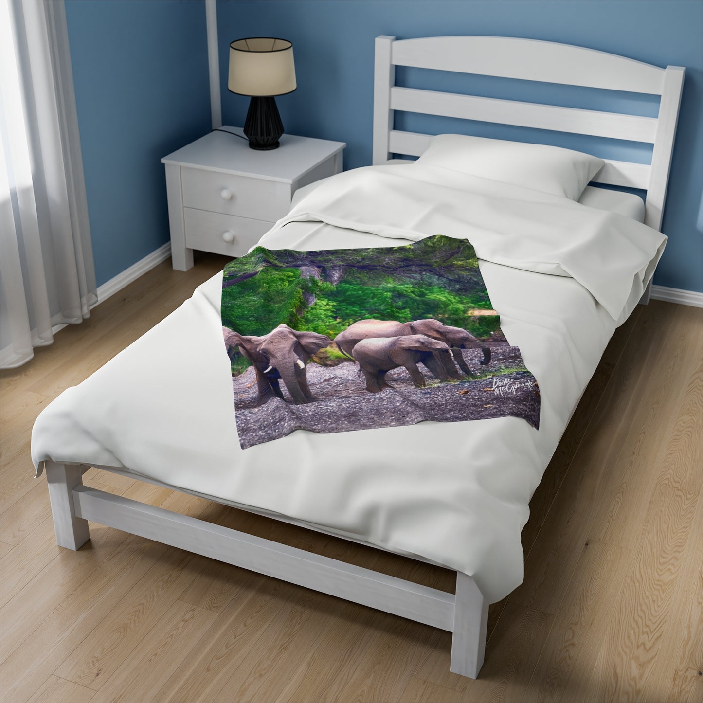 Velveteen Plush Blanket with Elephant Family at Riverbed by Enjoy Nature