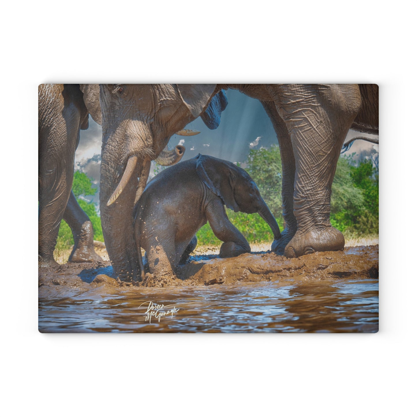 Enjoy Nature Glass Charcuterie Cutting Board with Elephant Baby Protected by Mom Design