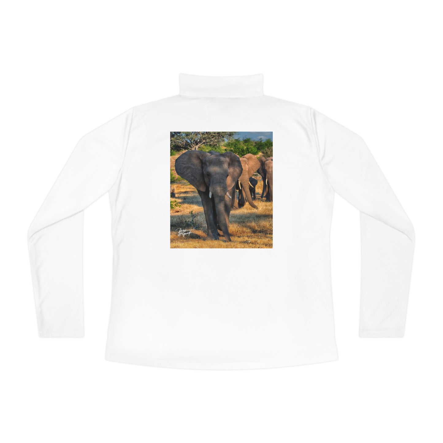 Ladies Quarter-Zip Pullover with Fine Art Image of Spirited Elephant Herd by Enjoy Nature