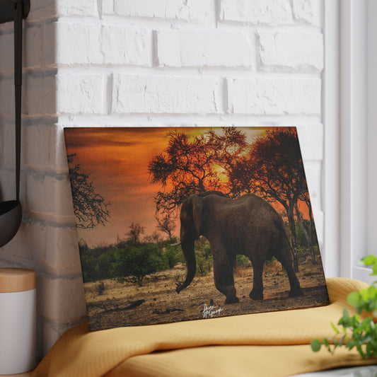 Enjoy Nature Glass Charcuterie Cutting Board with Spirited Elephant at Sunset Design