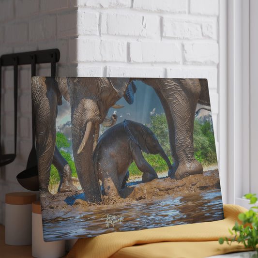 Enjoy Nature Glass Charcuterie Cutting Board with Elephant Baby Protected by Mom Design