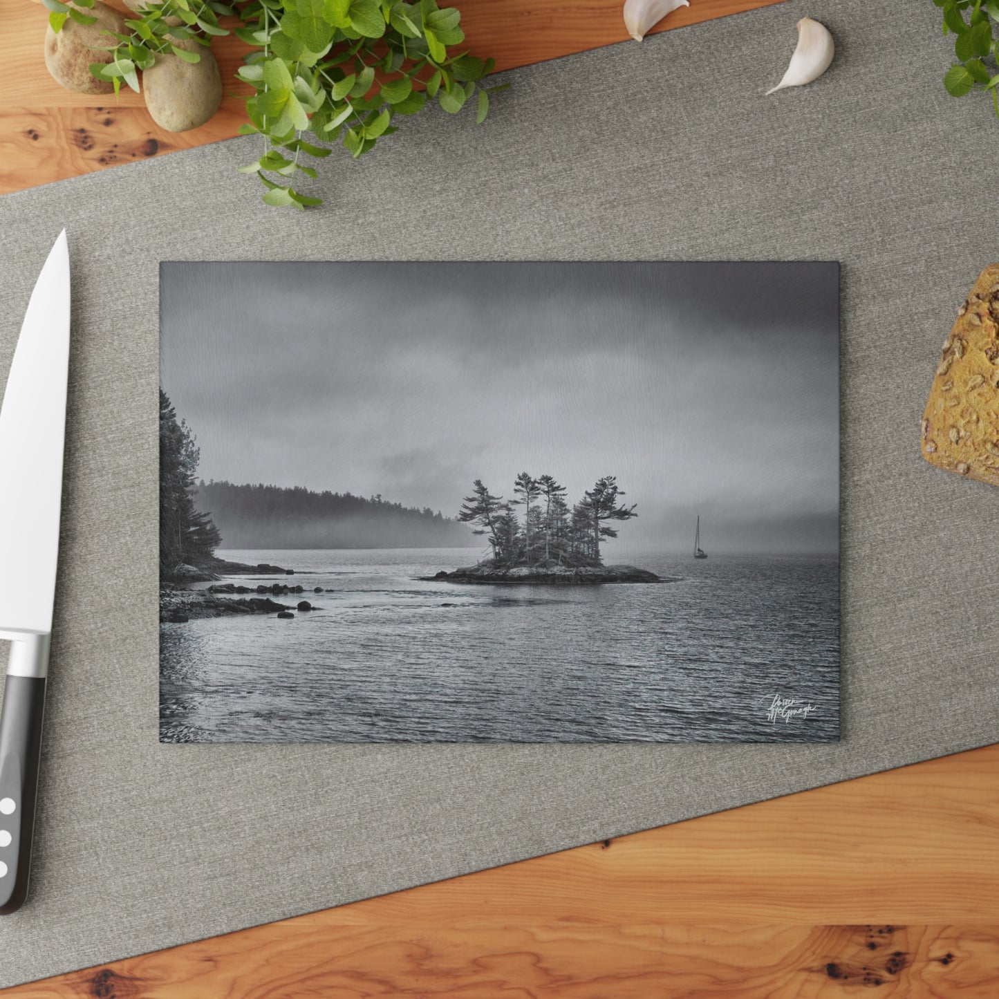 Glass cutting board designs, cheese & charcuterie board, landscape design glass cutting board, cutting board, Maine Misty Morning