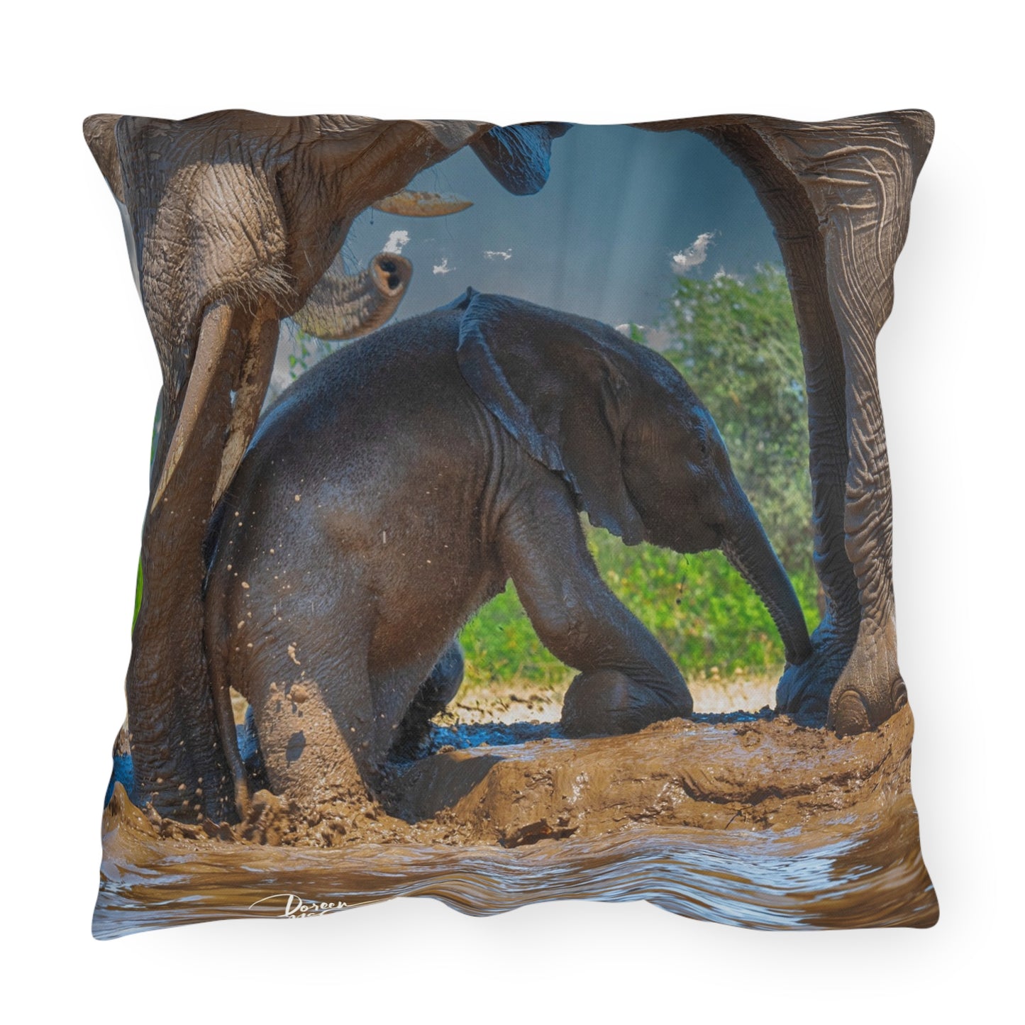 Enjoy Nature Outdoor Pillow with Elephant Baby with Protective Mom – Artistic, Comfy, and Durable Decorative Accent