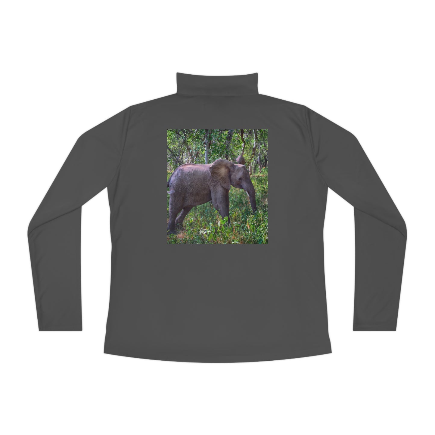 Ladies Quarter-Zip Pullover with Fine Art Image of Elephant Baby in Forest by Enjoy Nature