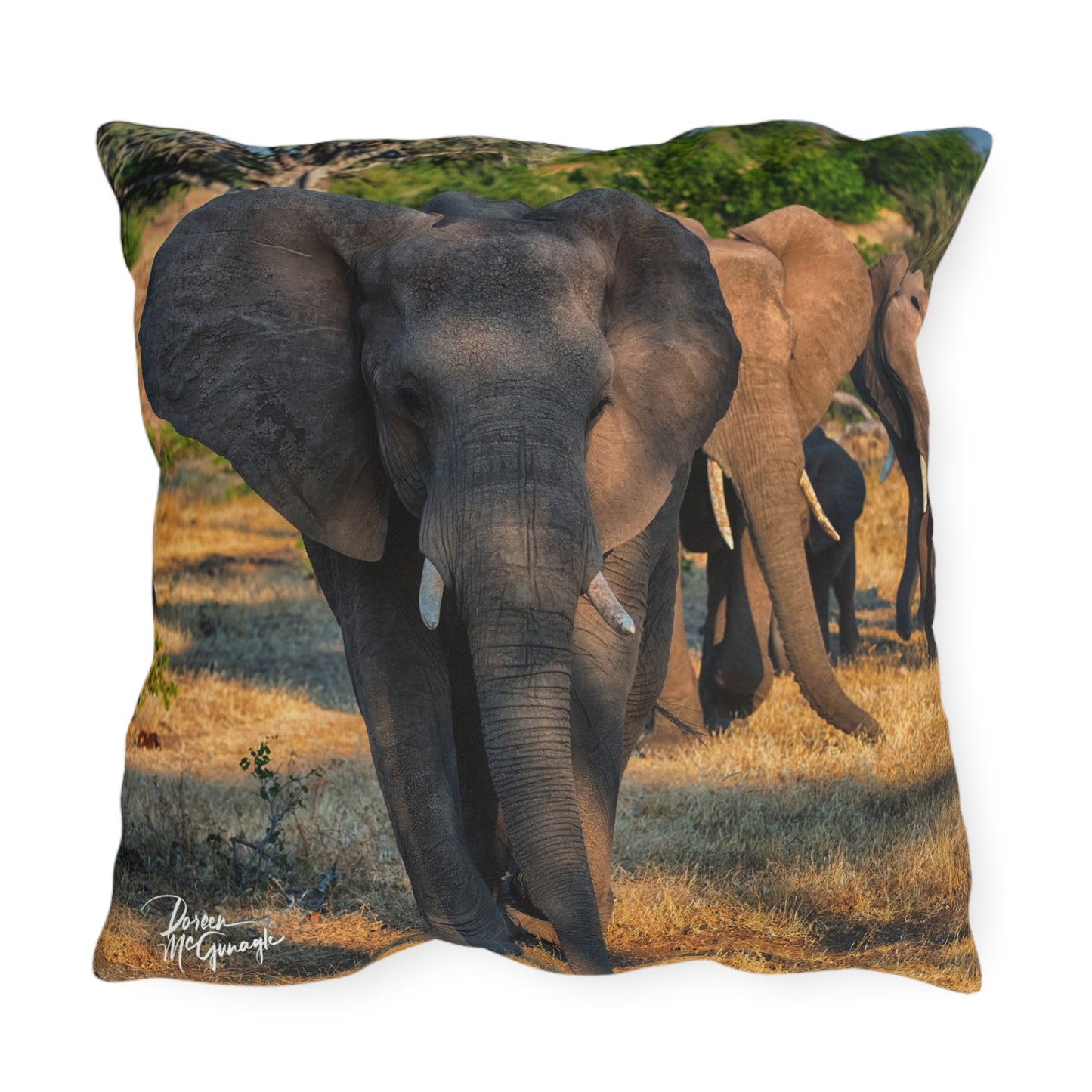 Enjoy Nature Outdoor Pillow with Elephant Family – Artistic, Comfy, and Durable Decorative Accent