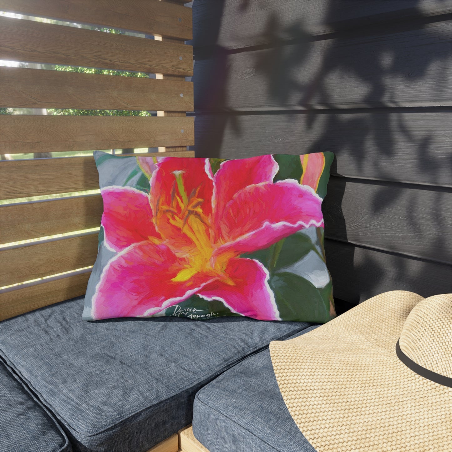 Enjoy Nature Outdoor Pillow with Pink Lily – Artistic, Comfy, and Durable Decorative Accent