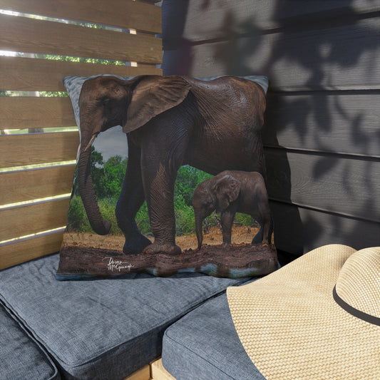 Enjoy Nature Outdoor Pillow with Baby Elephant Walk with Mom – Artistic, Comfy, and Durable Decorative Accent