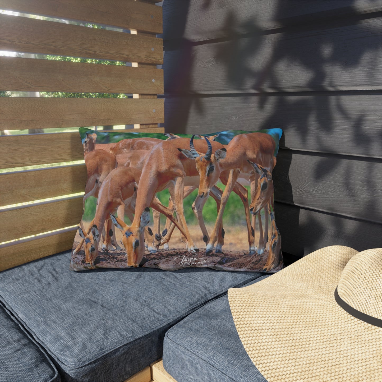 Enjoy Nature Outdoor Pillow with African Antelope at Watering Hole – Artistic, Comfy, and Durable Decorative Accent