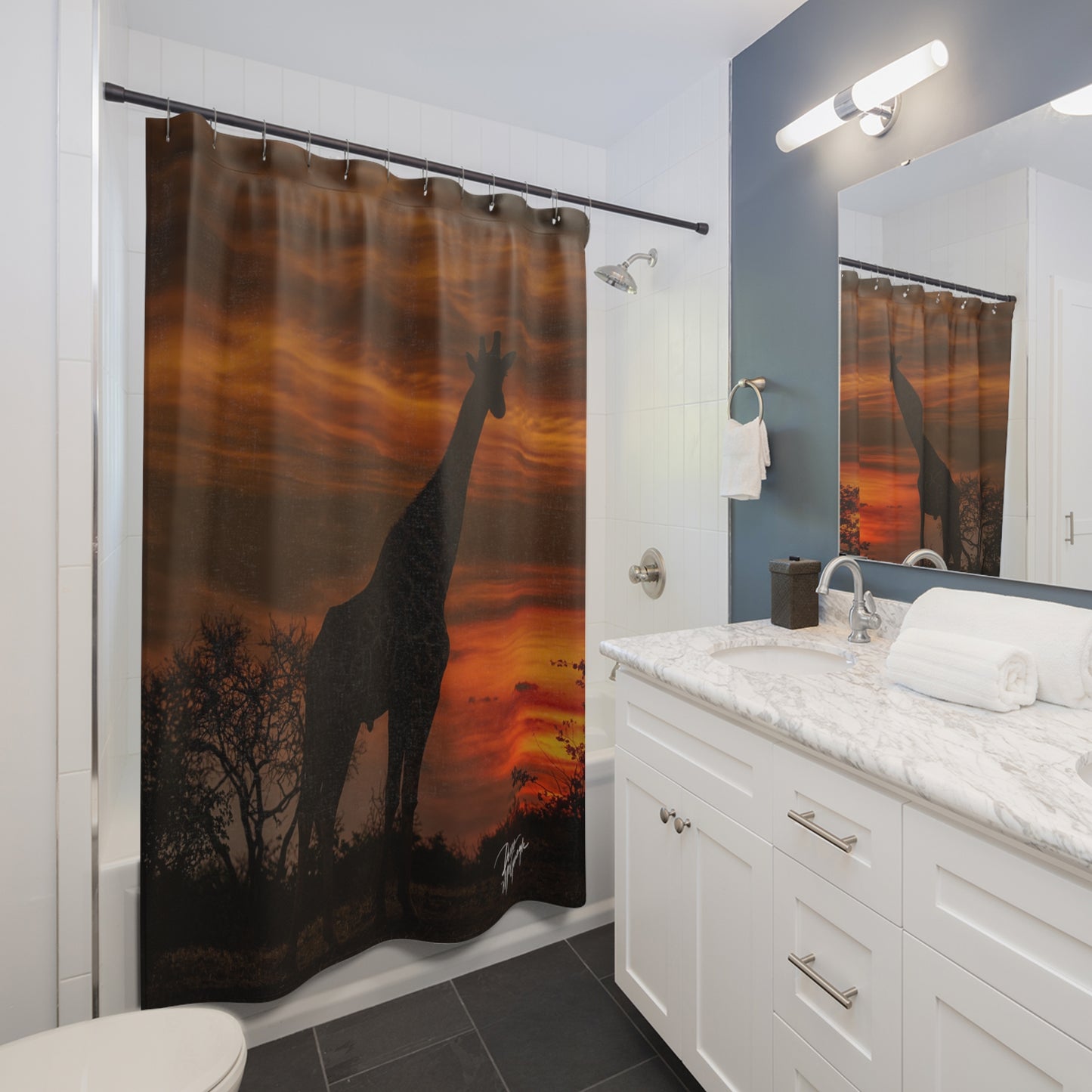 Giraffe Silhouette at Sunset Shower Curtain | Sophisticated & Earthy Scenic Decor by Enjoy Nature