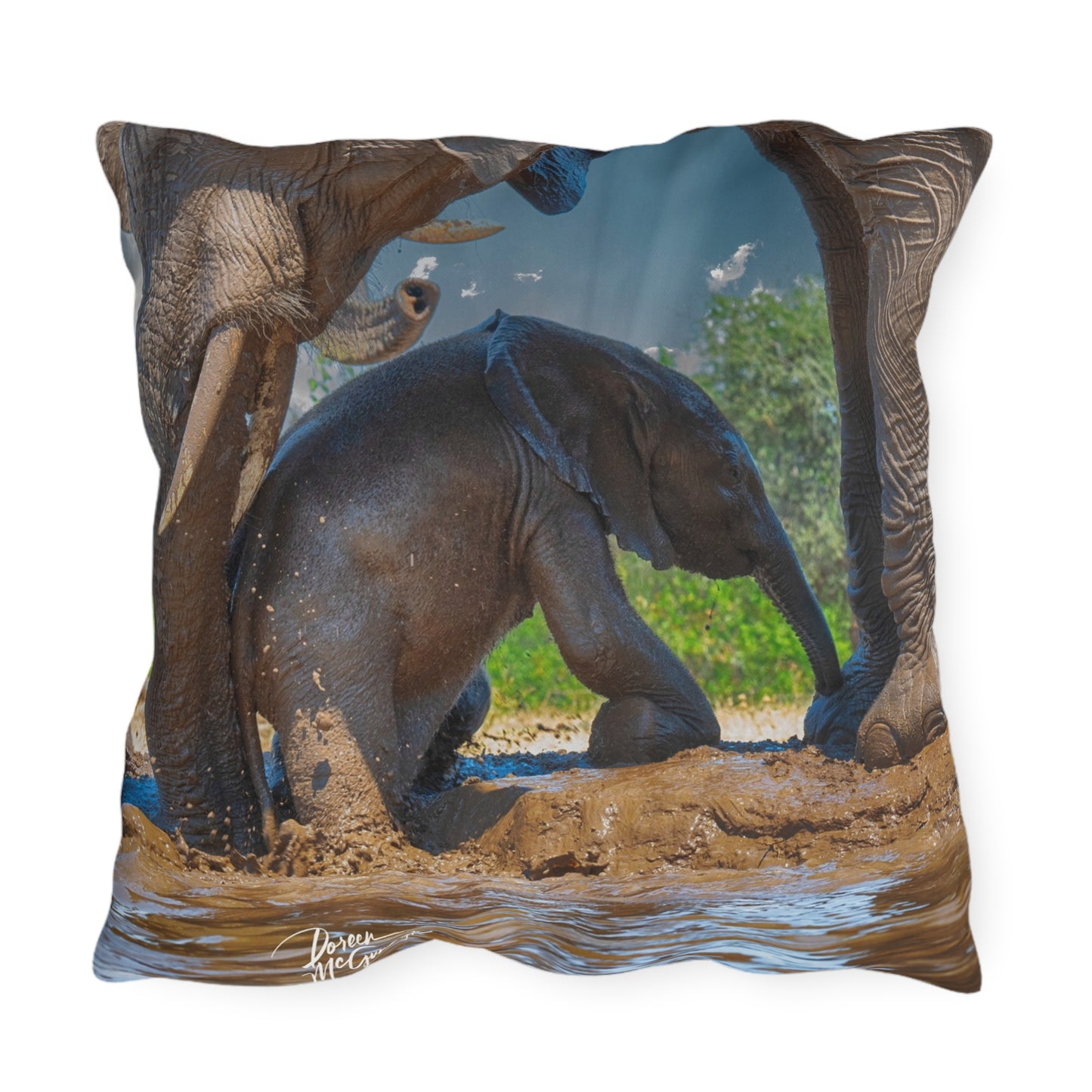 Enjoy Nature Outdoor Pillow with Elephant Baby with Protective Mom – Artistic, Comfy, and Durable Decorative Accent