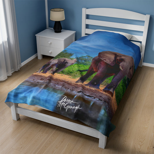 Velveteen Plush Blanket with Elephant Family at Watering Hole by Enjoy Nature