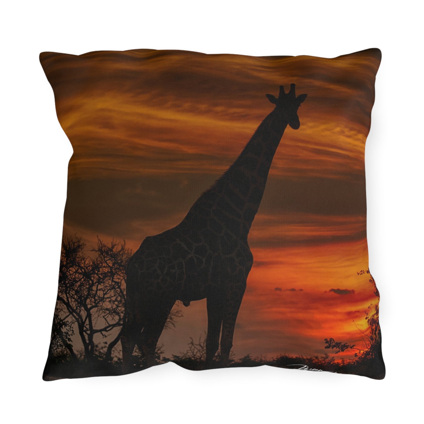 Enjoy Nature Outdoor Pillow with Giraffe Silhouette at Sunset – Artistic, Comfy, and Durable Decorative Accent