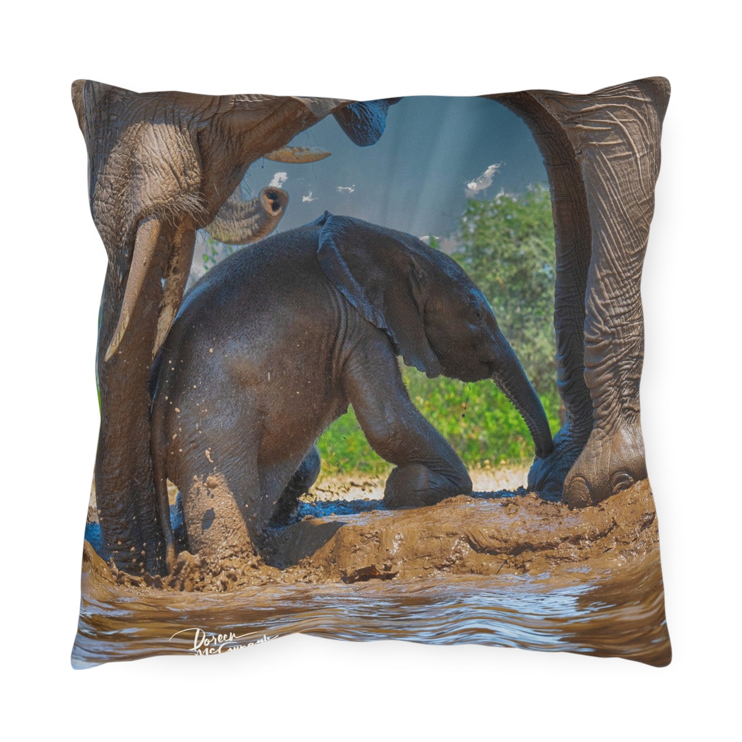 Enjoy Nature Outdoor Pillow with Elephant Baby with Protective Mom – Artistic, Comfy, and Durable Decorative Accent