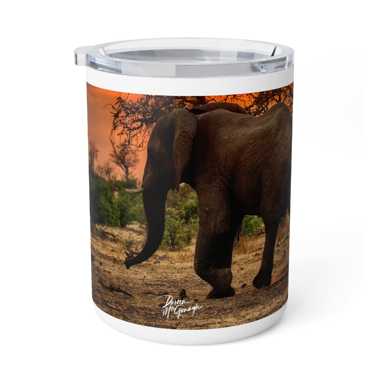 Enjoy Nature 10 oz Travel Tumbler with Spirited Elephant at Sunset Design