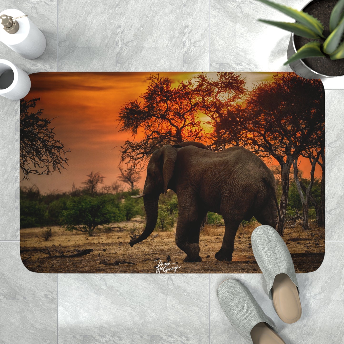 Spirited Elephant Silhouette at Sunset Memory Foam Bath Mat from Enjoy Nature