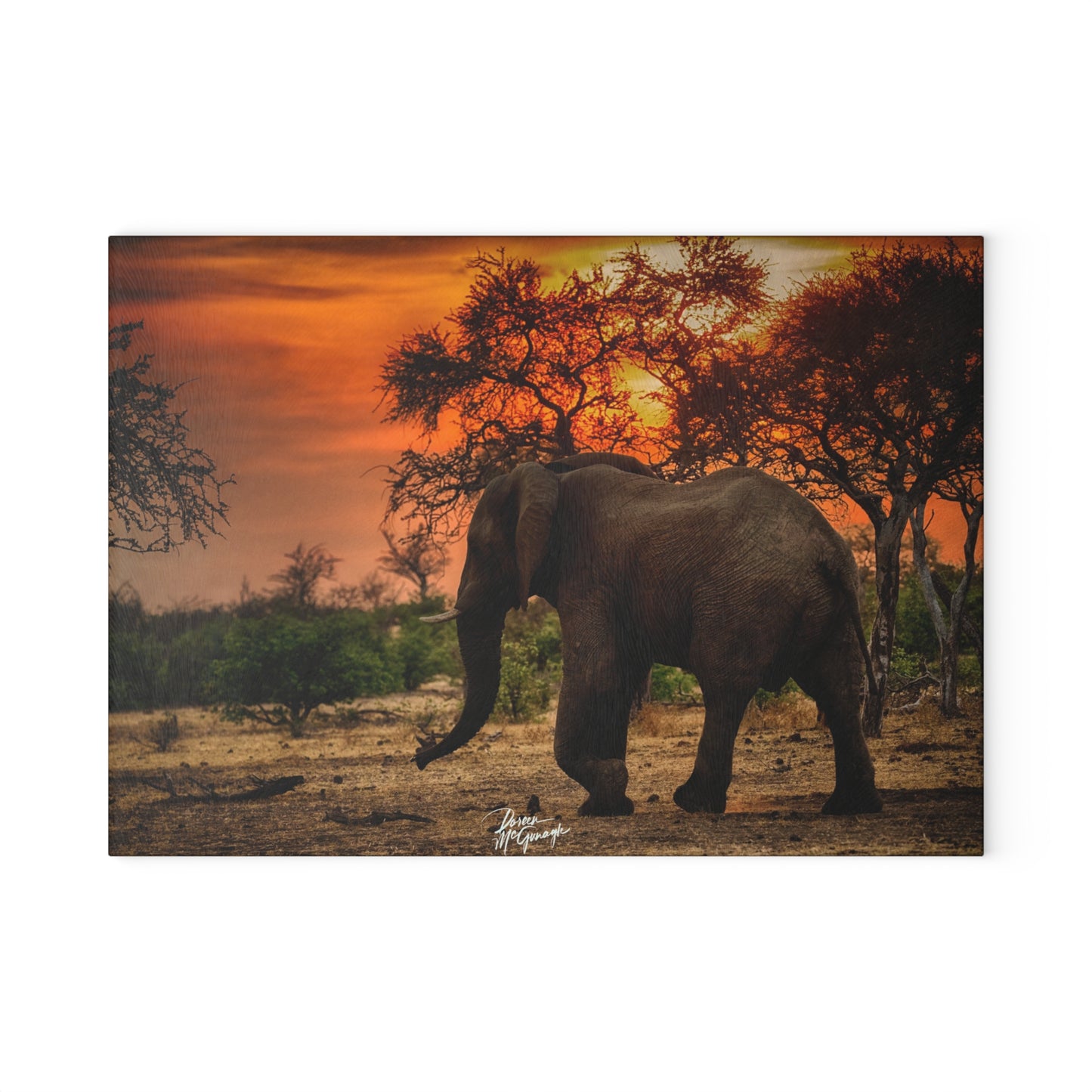 Enjoy Nature Glass Charcuterie Cutting Board with Spirited Elephant at Sunset Design