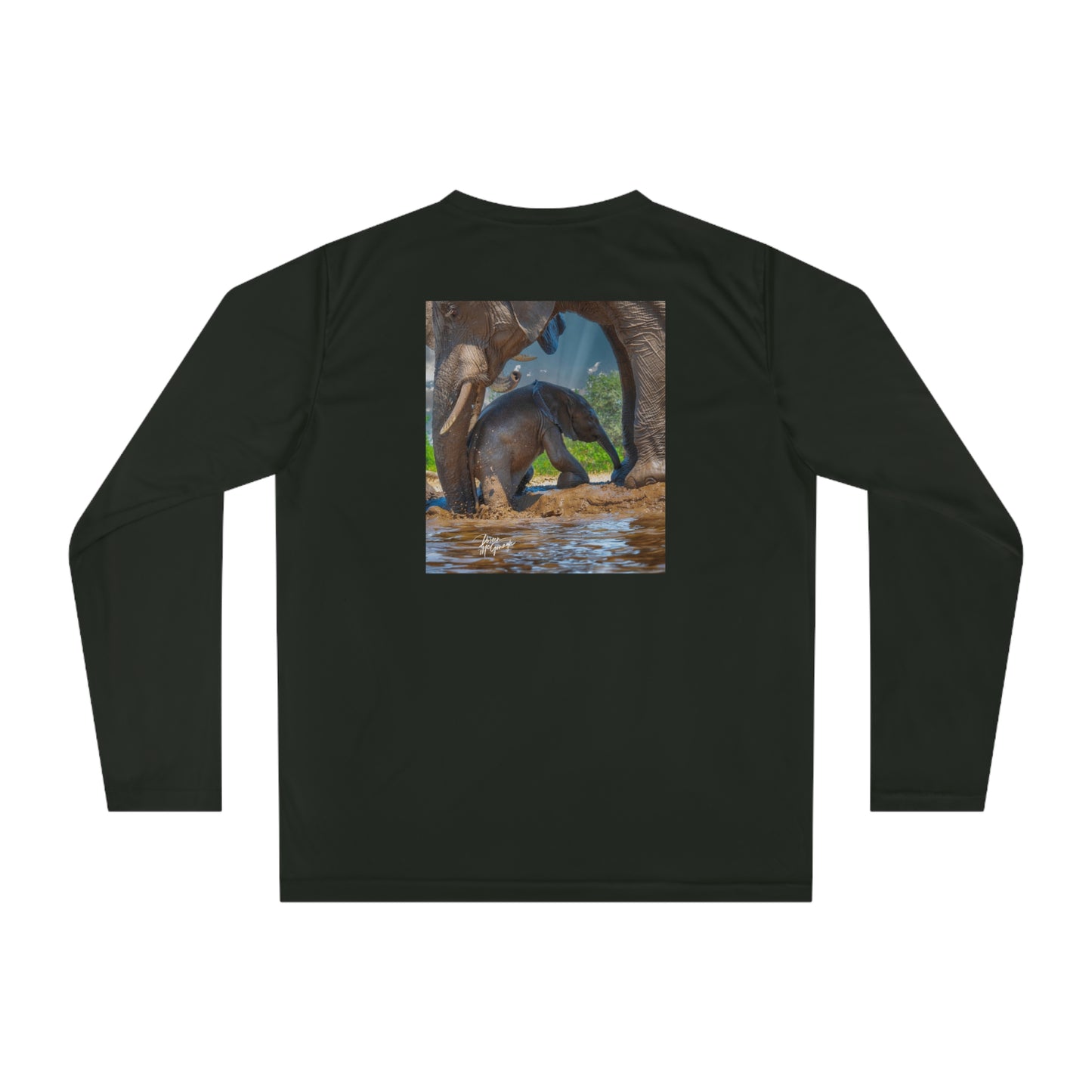 Unisex Long Sleeve Performance Tee - "Elephant Baby with Mom's Gentle Touch" by Enjoy Nature