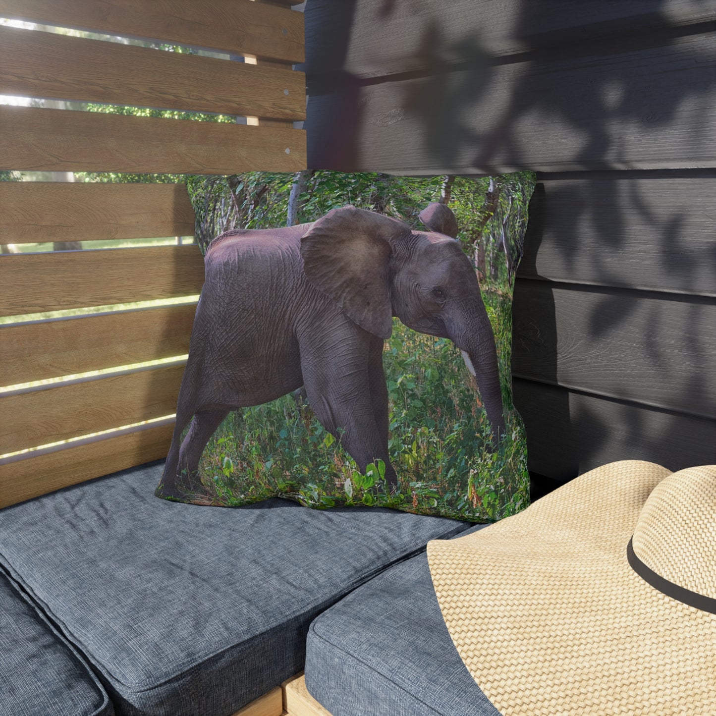 Enjoy Nature Outdoor Pillow with Elephant Baby in Forest – Artistic, Comfy, and Durable Decorative Accent