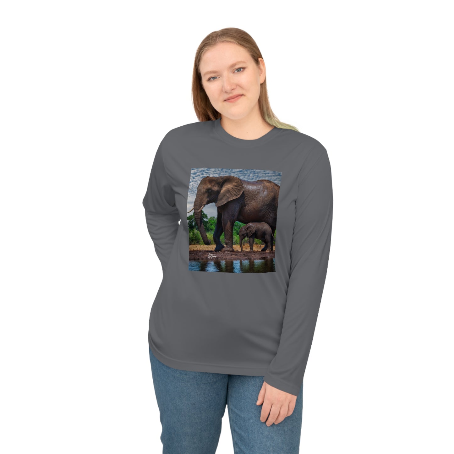 Unisex Long Sleeve Performance Tee - "Elephant Baby with Mom" by Enjoy Nature