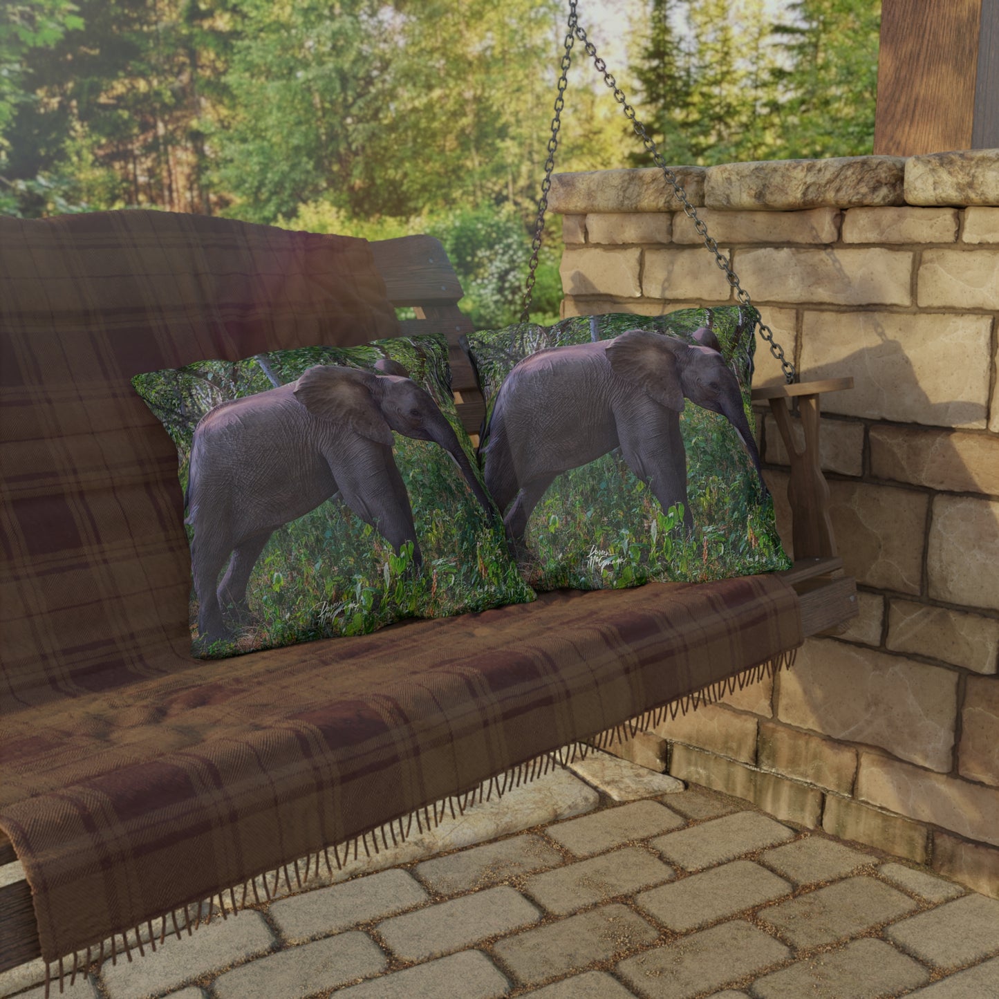 Enjoy Nature Outdoor Pillow with Elephant Baby in Forest – Artistic, Comfy, and Durable Decorative Accent