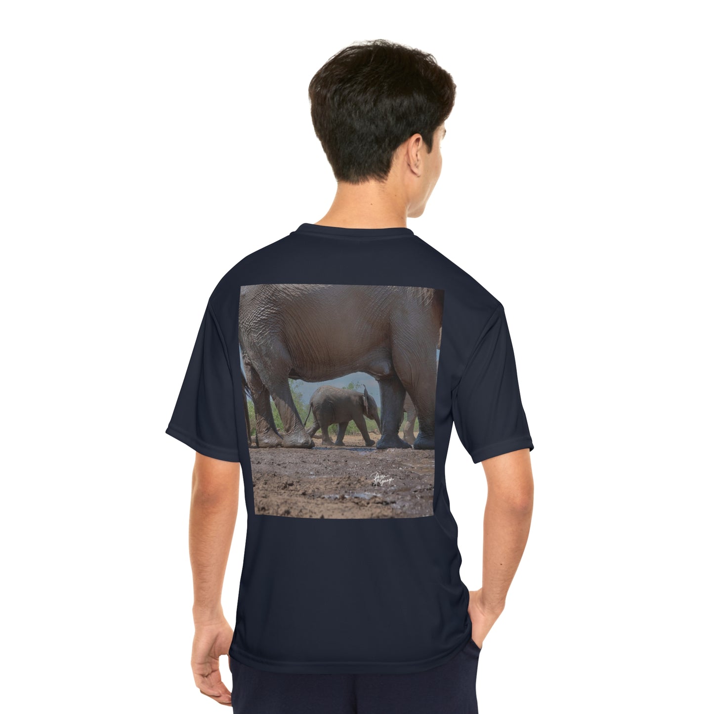 Men's Performance T-Shirt with Fine Art Image of Elephant Baby Under Mom's Watchful Eye by Enjoy Nature