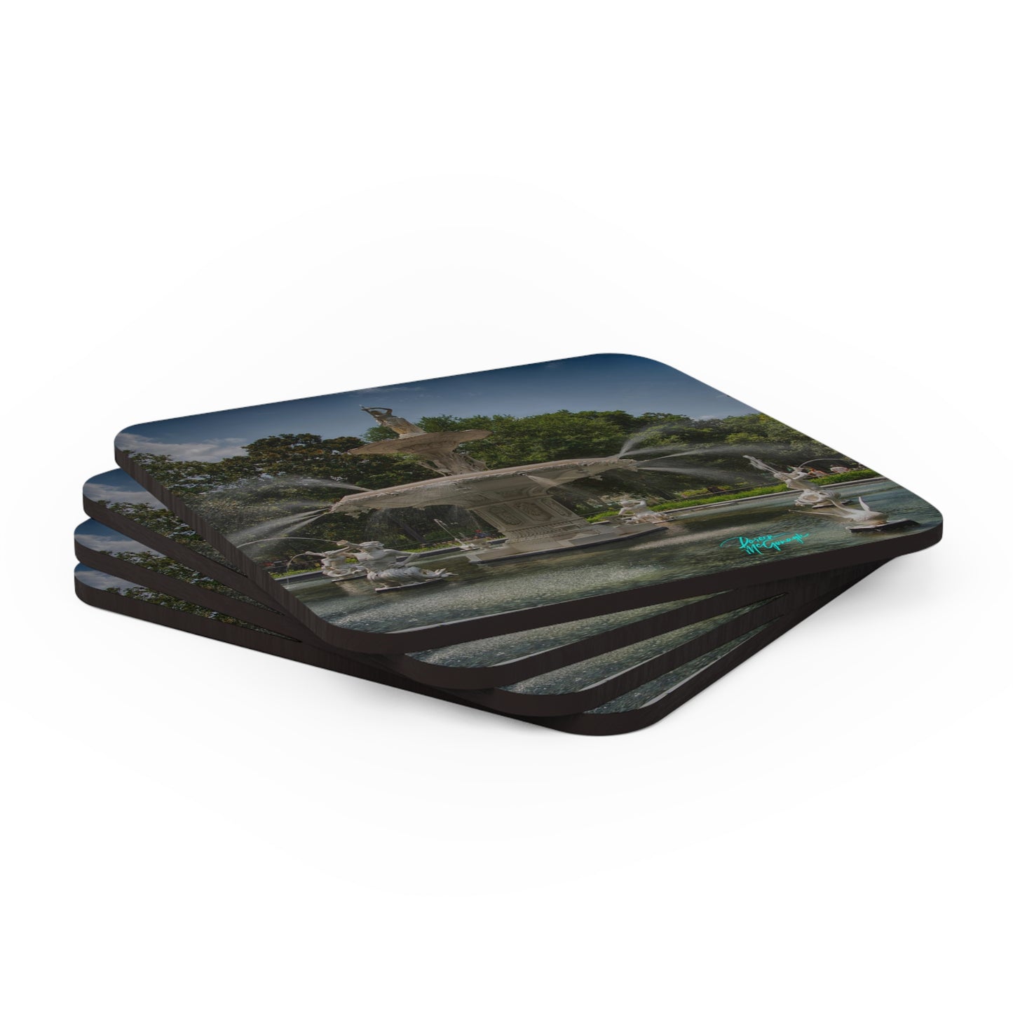 Savannah Fountain of Forsyth Park Corkwood Coaster Set