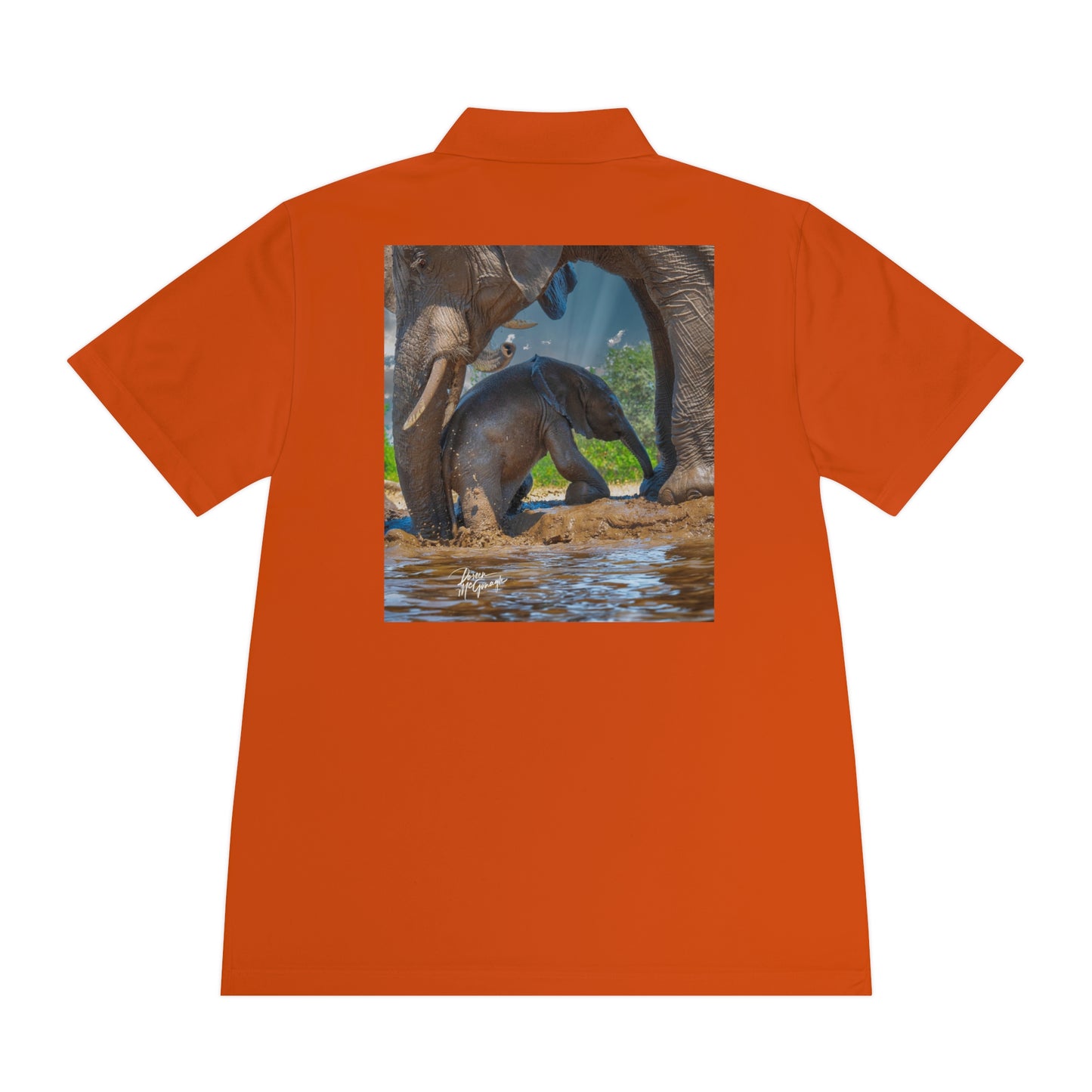 Men's Performance Polo Shirt - Baby Elephant with Mom by Enjoy Nature