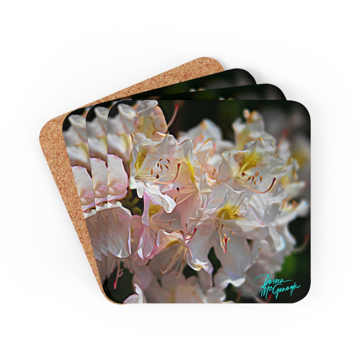 White Azalea Bloom, Corkwood Coaster Set