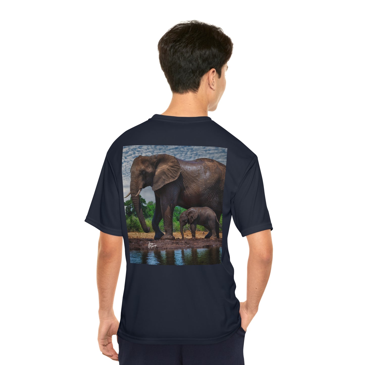 Men's Performance T-Shirt with Fine Art Image of Elephant Baby with Mom by Enjoy Nature