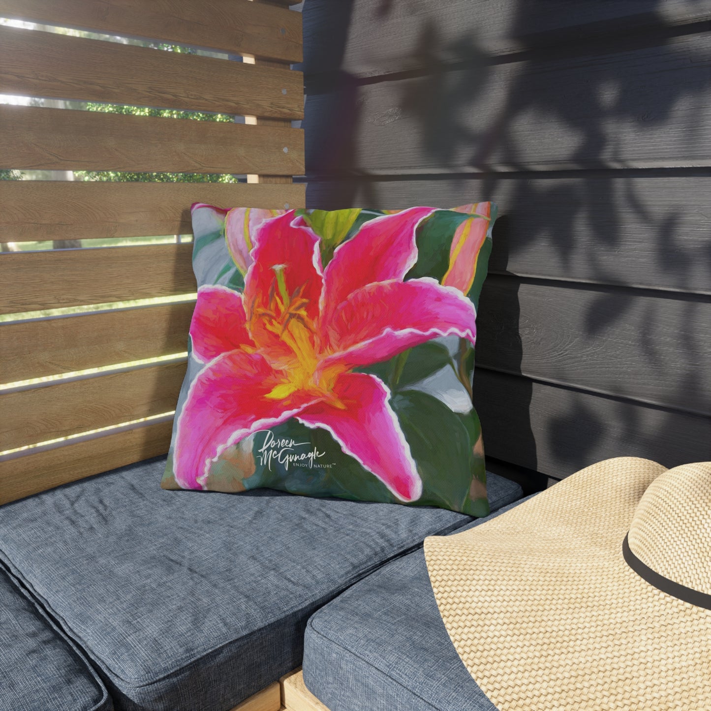 Enjoy Nature Outdoor Pillow with Pink Lily – Artistic, Comfy, and Durable Decorative Accent