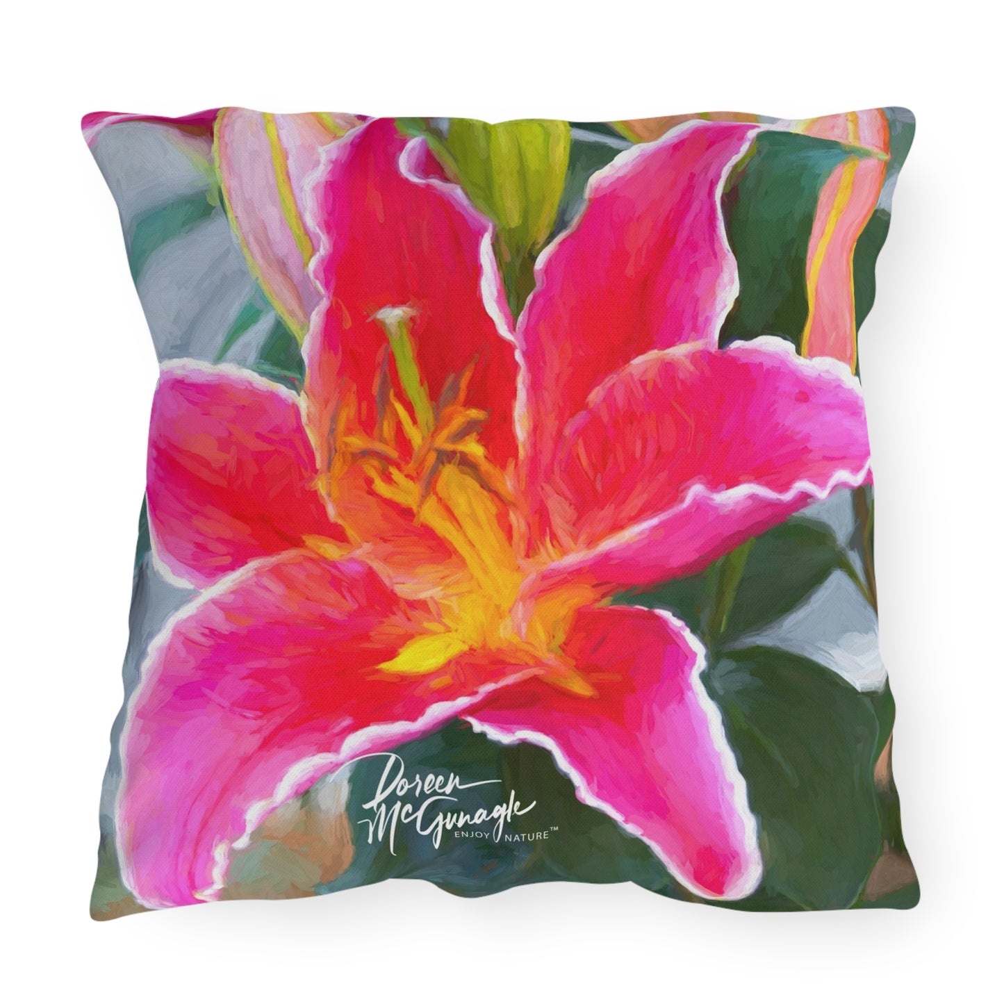 Enjoy Nature Outdoor Pillow with Pink Lily – Artistic, Comfy, and Durable Decorative Accent