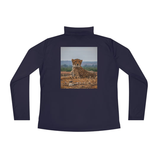 Ladies Quarter-Zip Pullover with Fine Art Image of Cheetah Portrait by Enjoy Nature