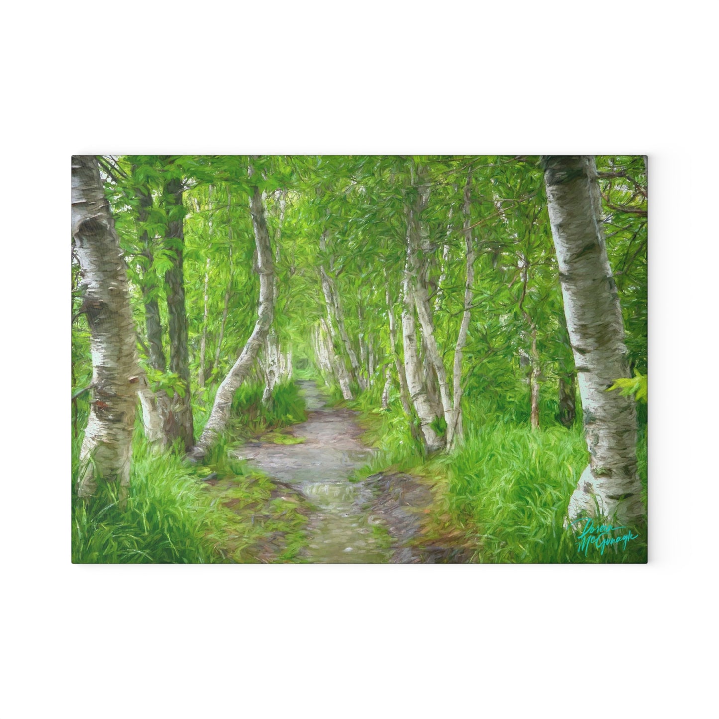 Artistic Magical Birch Forest Glass Cutting Board with Nature-Inspired Design