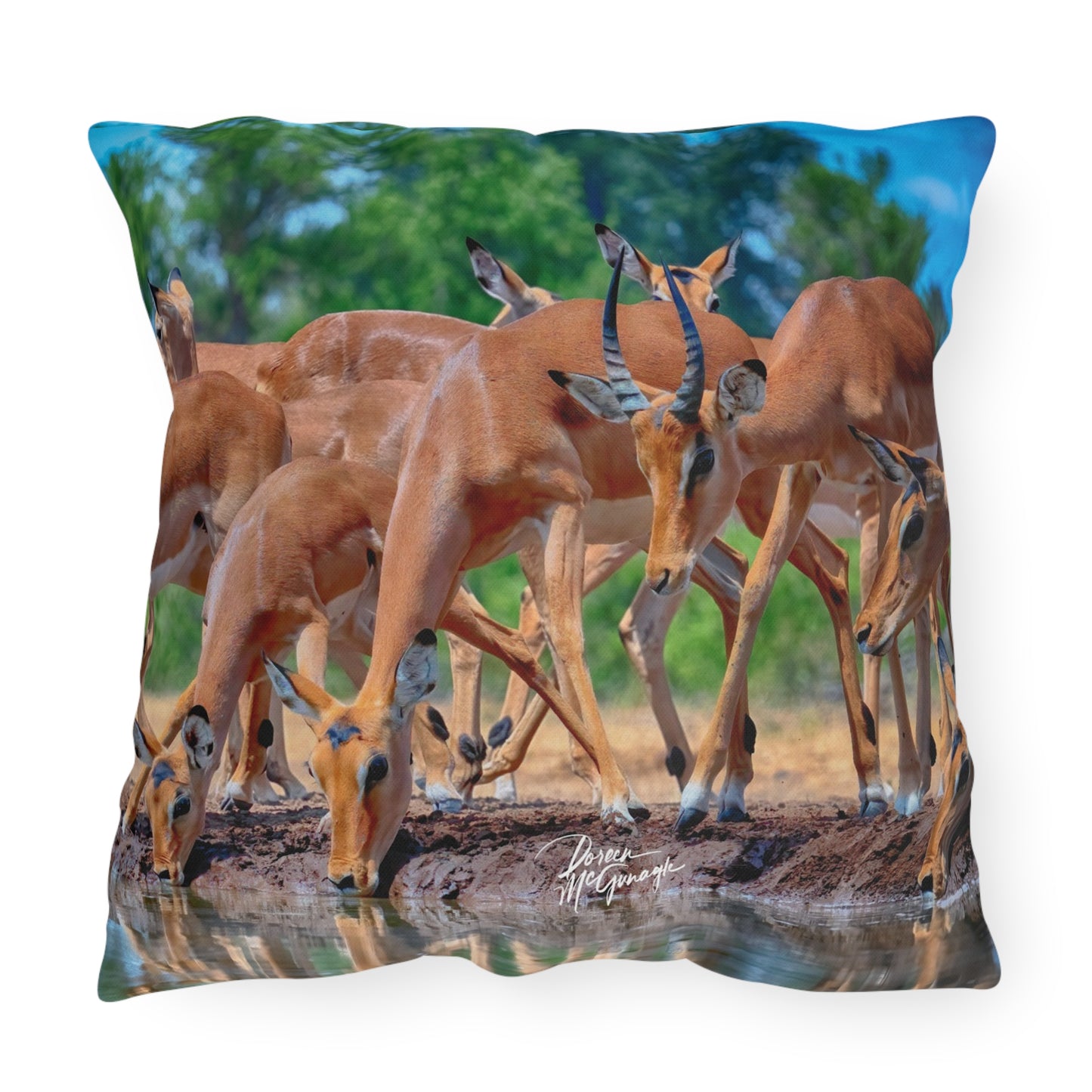 Enjoy Nature Outdoor Pillow with African Antelope at Watering Hole – Artistic, Comfy, and Durable Decorative Accent