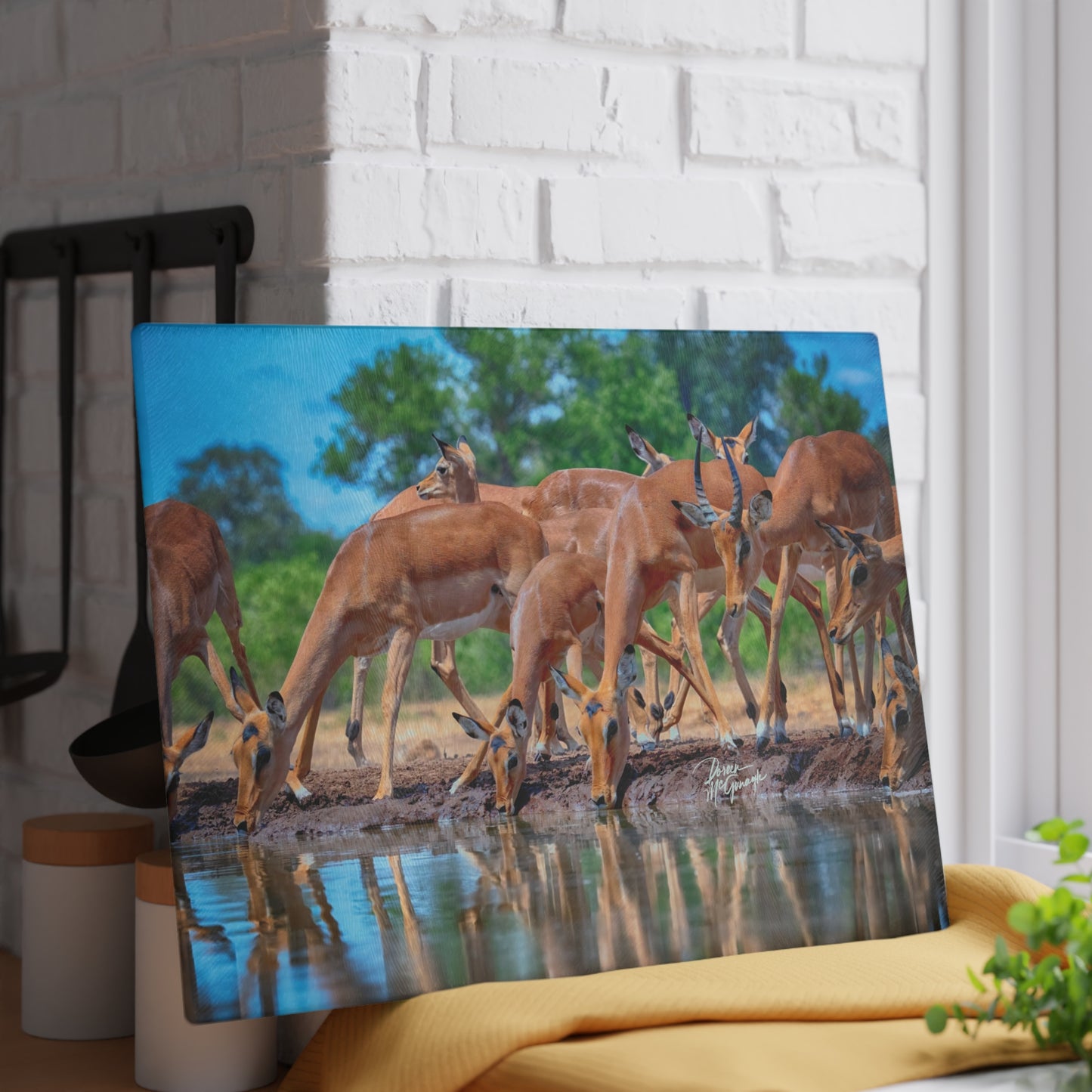 Enjoy Nature Glass Charcuterie Cutting Board with African Antelope at Watering Hole Design