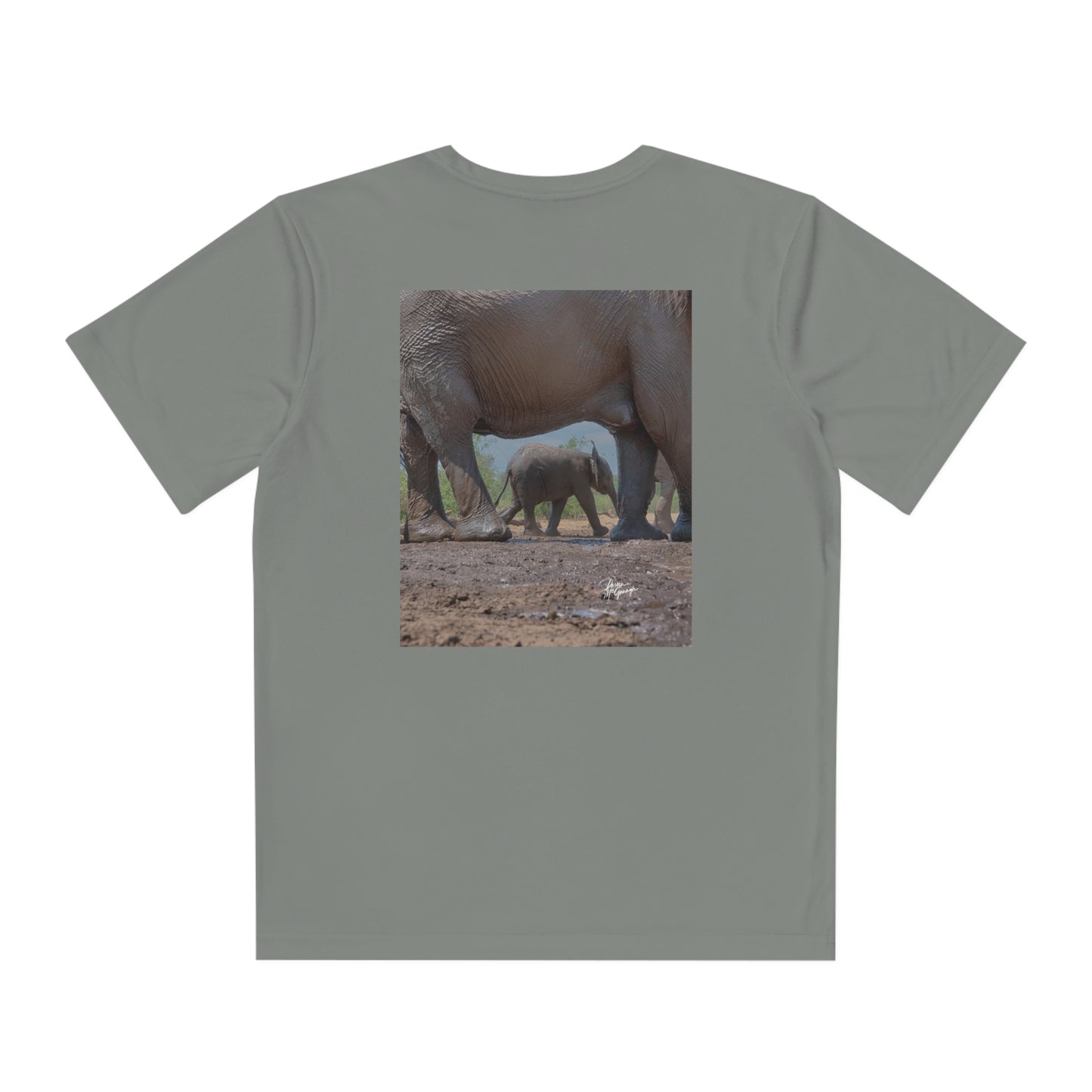 Youth Competitor Tee with Fine Art Image Baby Elephant Under Mom's Protection by Enjoy Nature