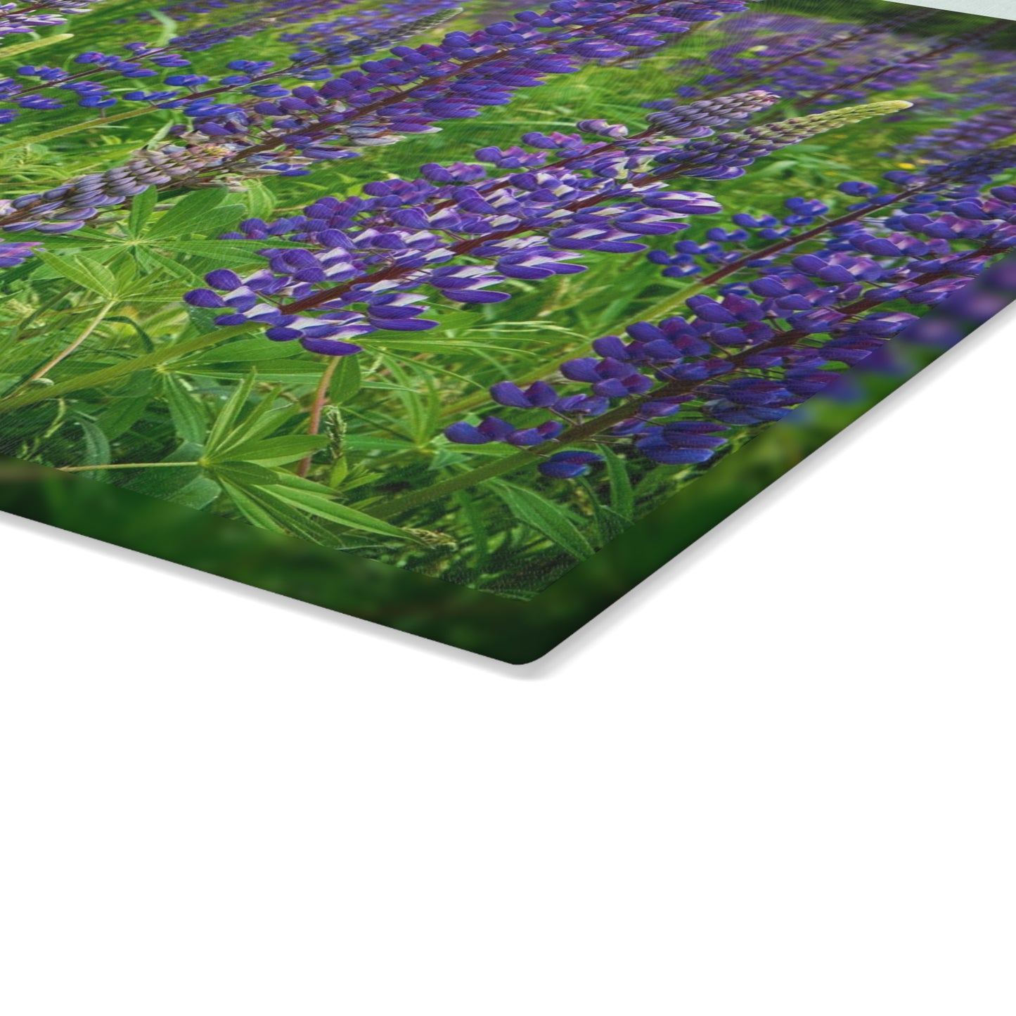 Artistic Wild Lupine Flowers Glass Cutting Board with Nature-Inspired Design