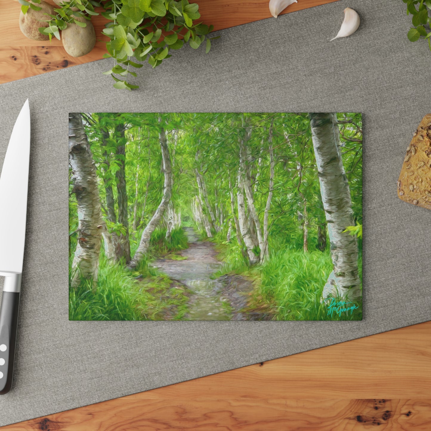 Artistic Magical Birch Forest Glass Cutting Board with Nature-Inspired Design