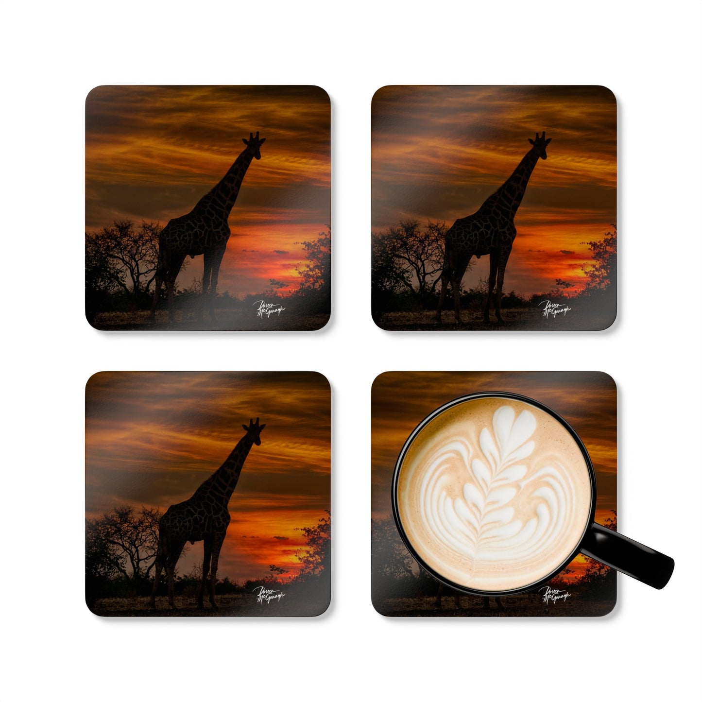 Forest Giraffe: A Sunset Silhouette Corkwood Coaster Set (Box of 4)