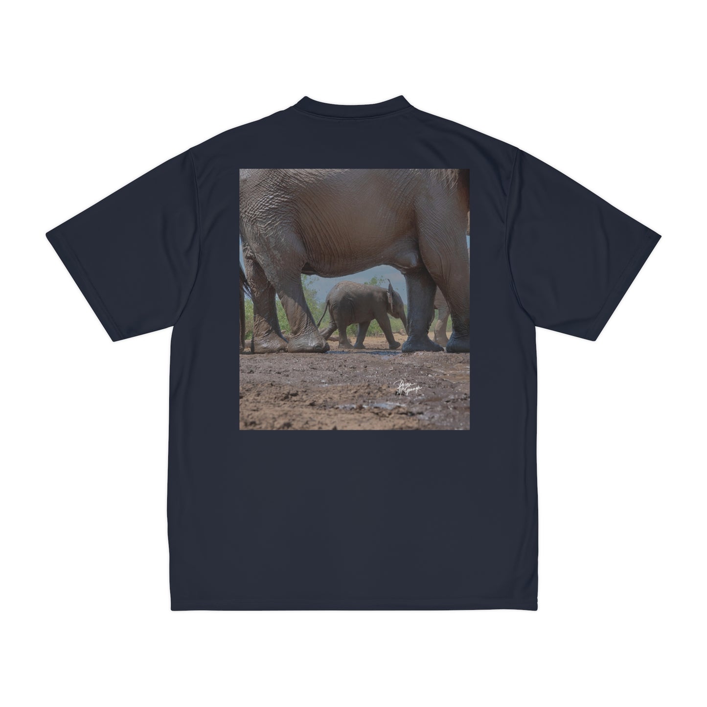 Men's Performance T-Shirt with Fine Art Image of Elephant Baby Under Mom's Watchful Eye by Enjoy Nature