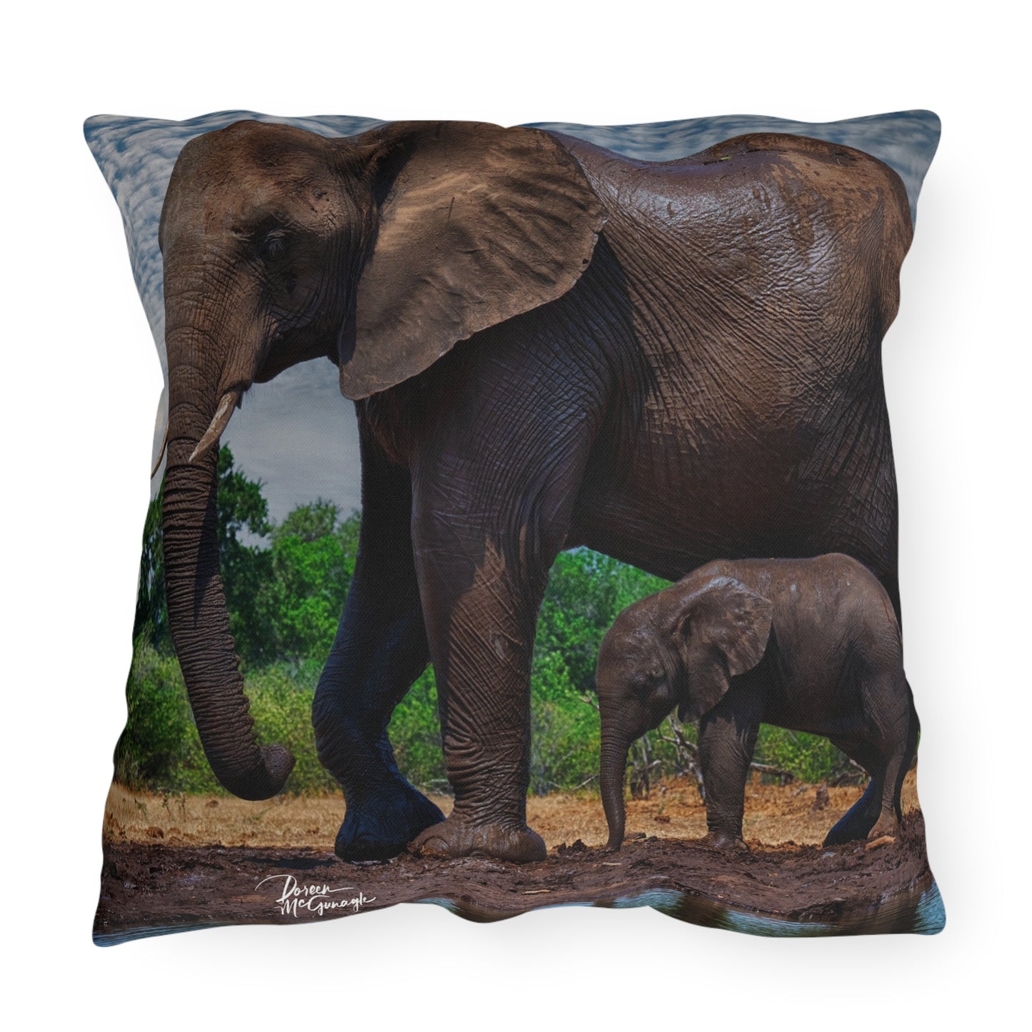 Enjoy Nature Outdoor Pillow with Baby Elephant Walk with Mom – Artistic, Comfy, and Durable Decorative Accent