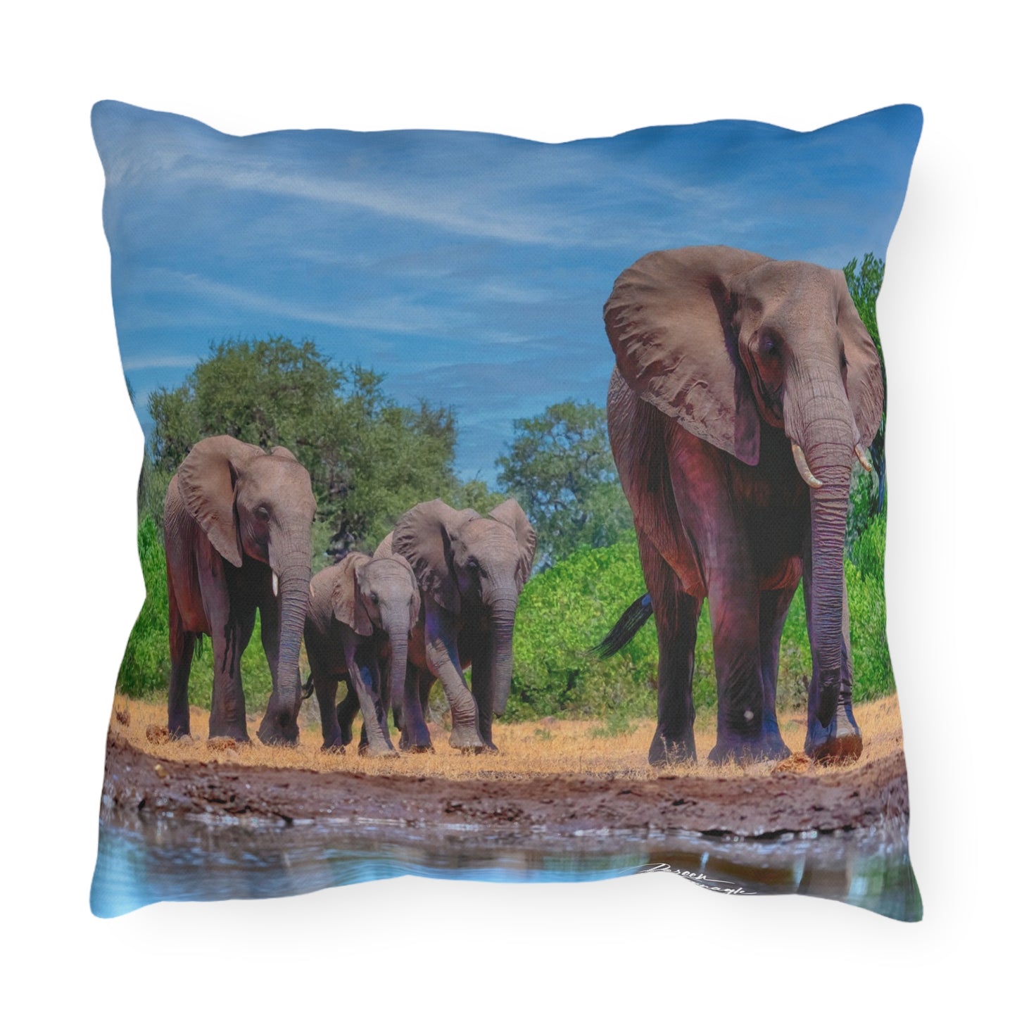 Enjoy Nature Outdoor Pillow with Elephant Family at Watering Hole – Artistic, Comfy, and Durable Decorative Accent