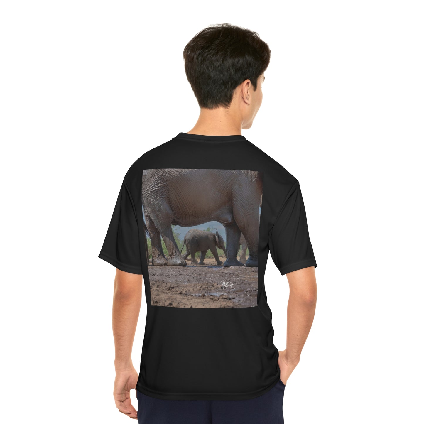 Men's Performance T-Shirt with Fine Art Image of Elephant Baby Under Mom's Watchful Eye by Enjoy Nature