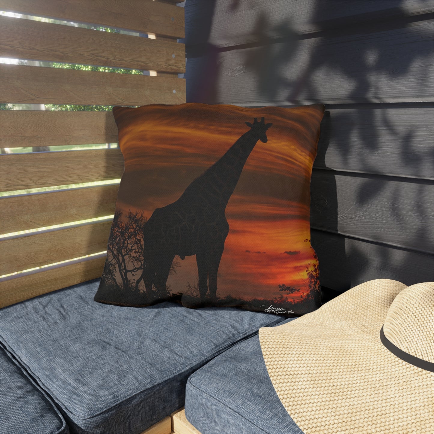 Enjoy Nature Outdoor Pillow with Giraffe Silhouette at Sunset – Artistic, Comfy, and Durable Decorative Accent