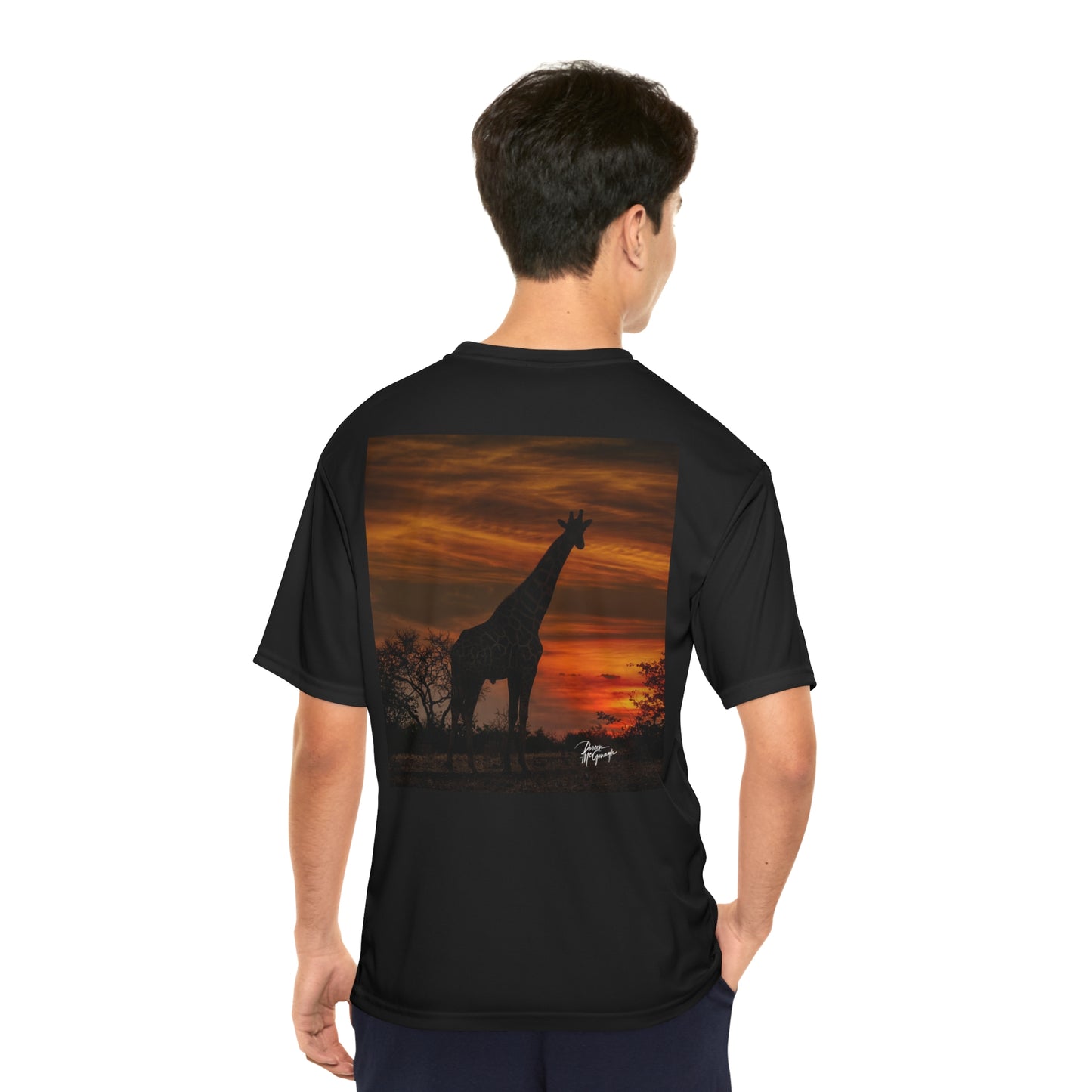 Men's Performance T-Shirt with Fine Art Image of Giraffe Silhouette at Sunset by Enjoy Nature