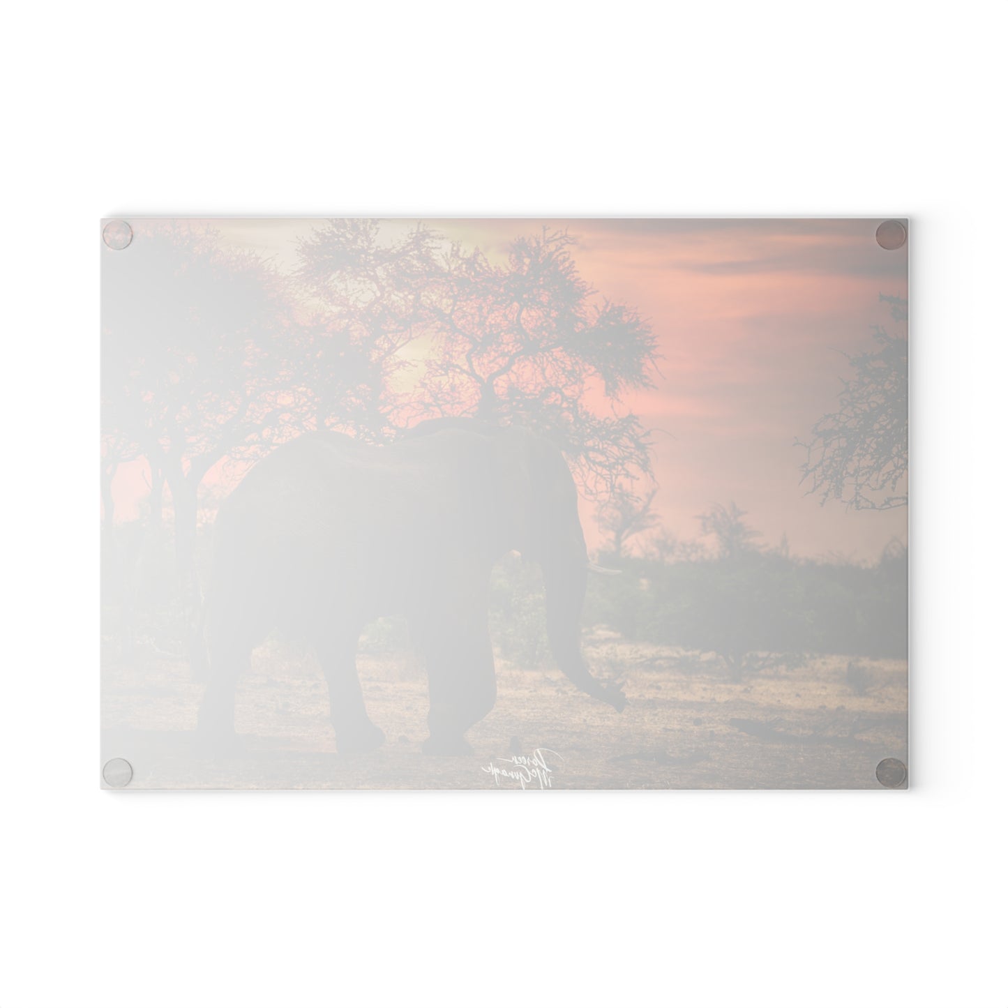 Enjoy Nature Glass Charcuterie Cutting Board with Spirited Elephant at Sunset Design